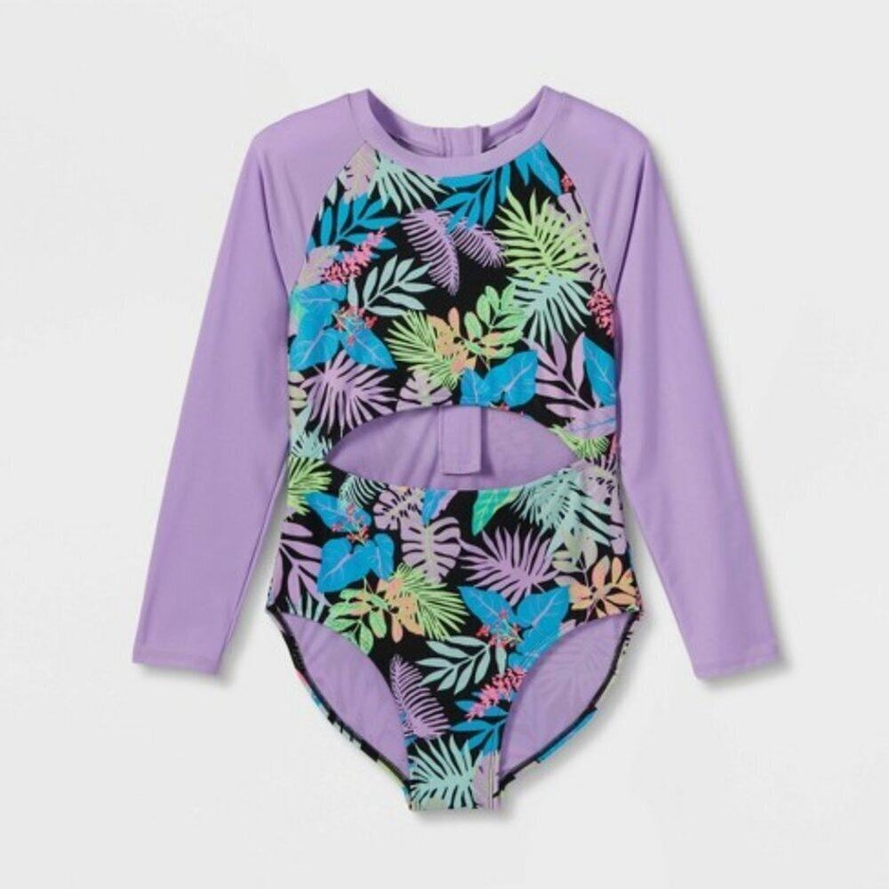 Girls' 'Just Vibing' Long Sleeve One Piece Rash Guard Large 10/12